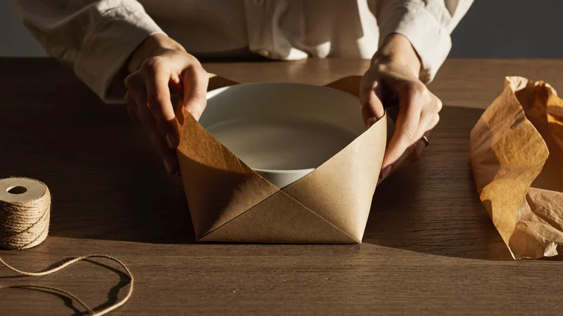 Hände verpacken eine Keramikschale in schlichtes Kraftpapier an einem Holztresen